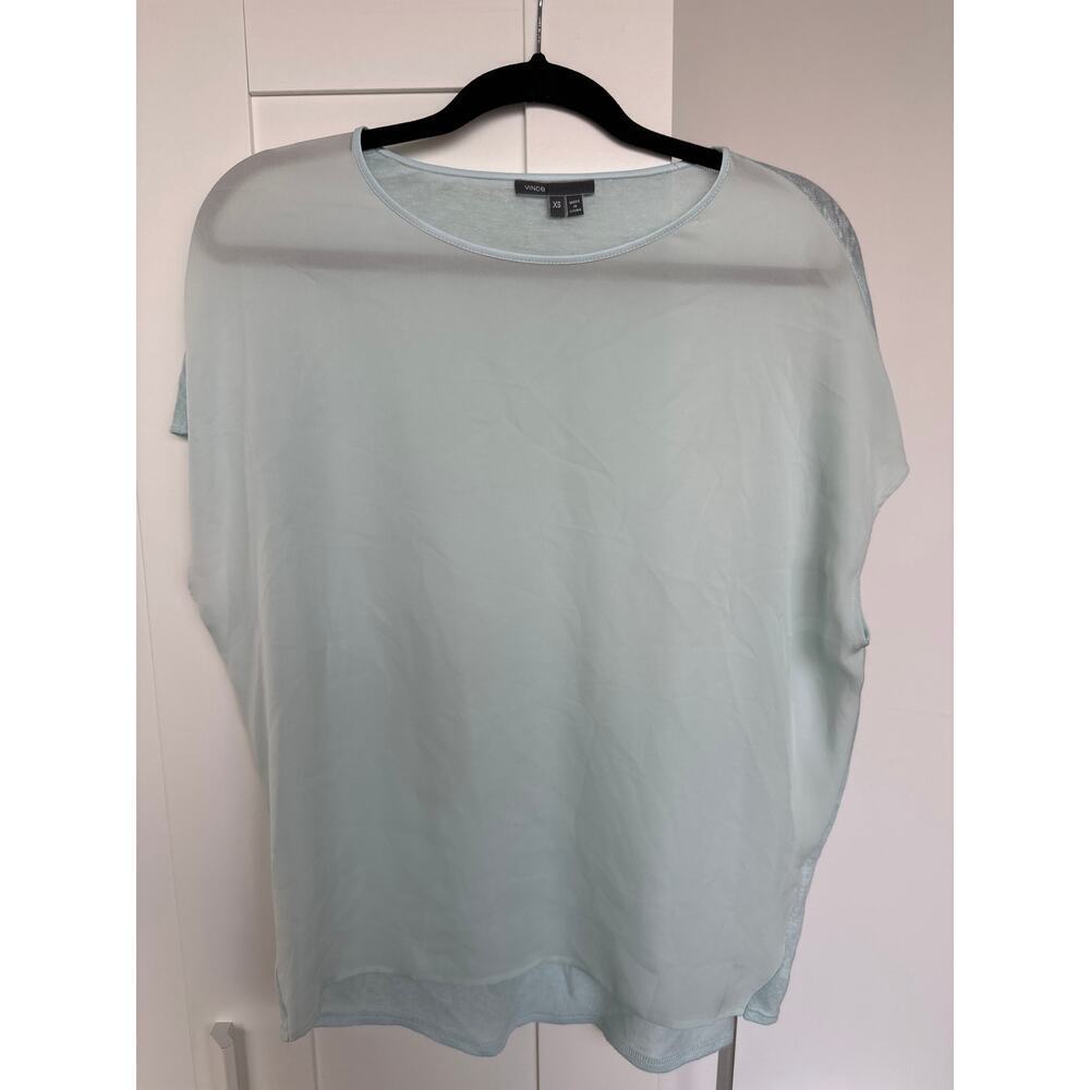 Vince Women's Linen & Silk Leather Trim Light Blue Short Sleeve Blouse, Size XS